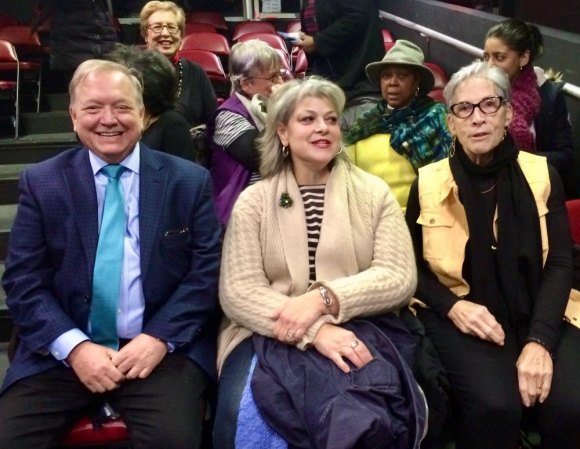 Who's feeding Roosevelt Island's most vulnerable...? RIDA President Wendy Hersh (R) with Lisa Fernandez and CBN Executive Director Bill Dionne at a RIOC Board Meeting in 2018.